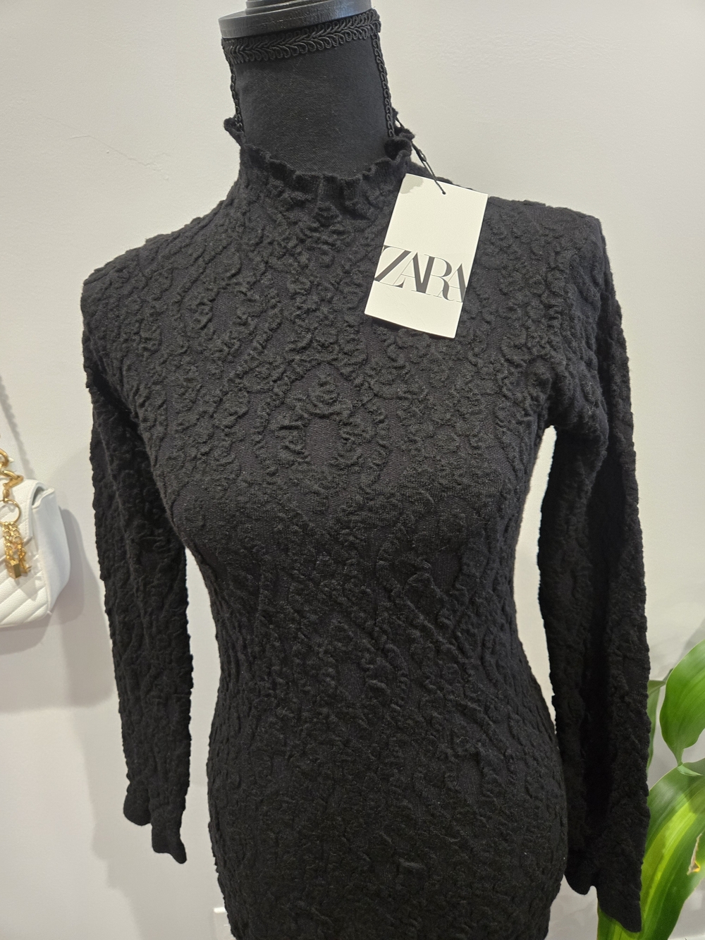 Zara Black Textured Long-Sleeve Mock Neck Dress